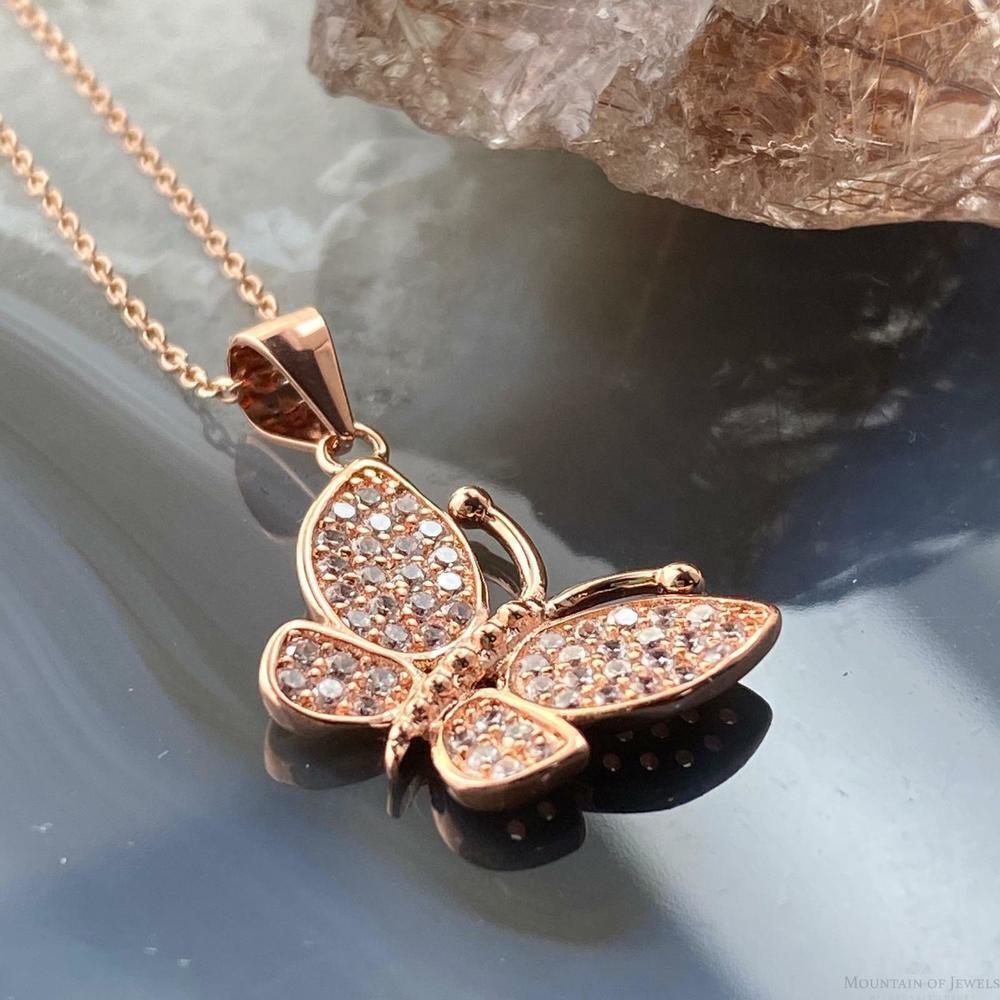 Sterling Silver Rose Coated with Cubic Zirconia Butterfly Pendant with Chain - Picture 4 of 9